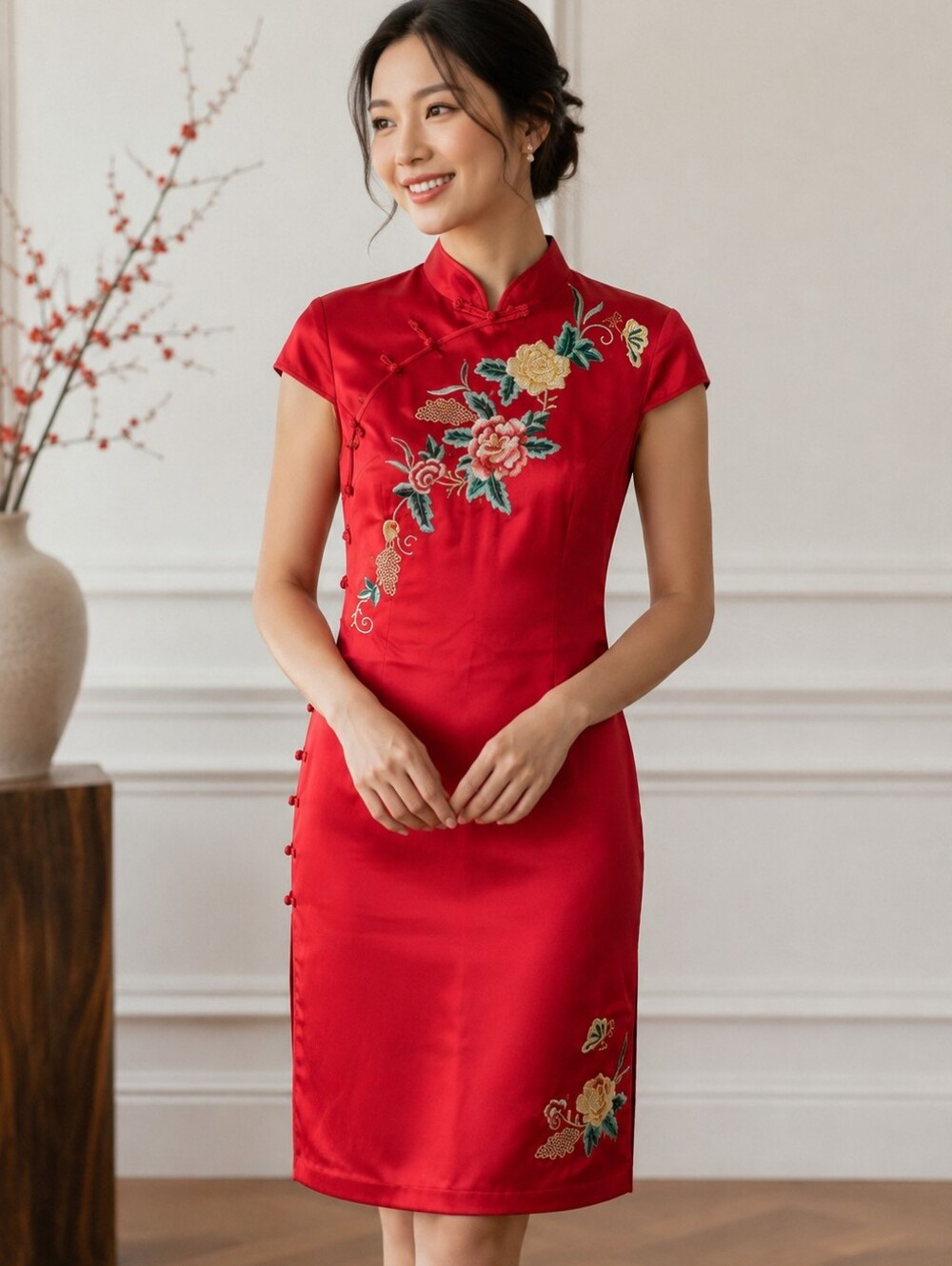 Embroidered Floral Red Satin Chinese Qipao Cheongsam Dress Women's 165 / US 6